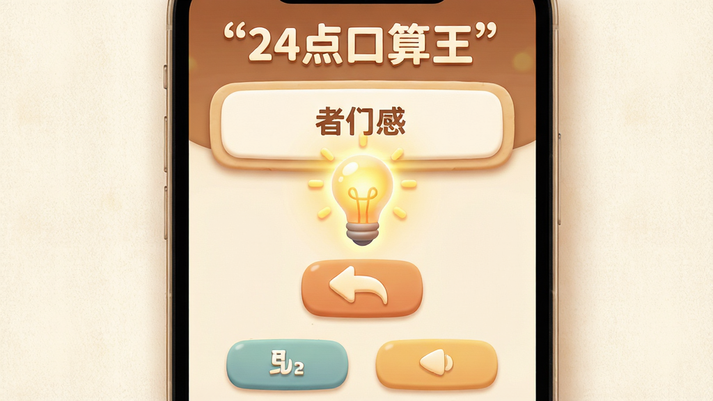 主体是手机屏幕显示游戏界面,屏幕中央有一个发光的灯泡图标和撤销箭头按钮,布局为上下结构上方为题目卡片下方为功能按钮,排版简洁明了,风格为温暖柔和的拟物化设计,细节上灯泡带有光晕效果,背景为米白色纹理,画质清晰干净无多余元素,屏幕上方用引号标注“24点口算王”文字。