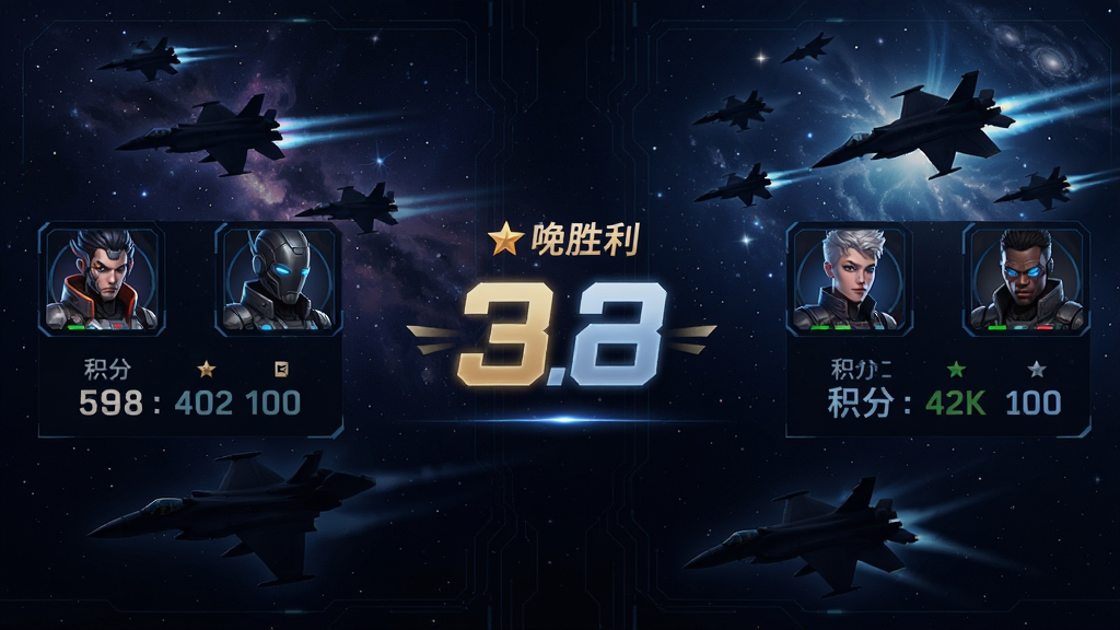 竞技场结算界面,中间显示胜利字样与排名数字,两侧为玩家头像与积分变化,背景为星空与战机剪影,风格为电竞科技感,排版简洁,画质锐利,无多余装饰