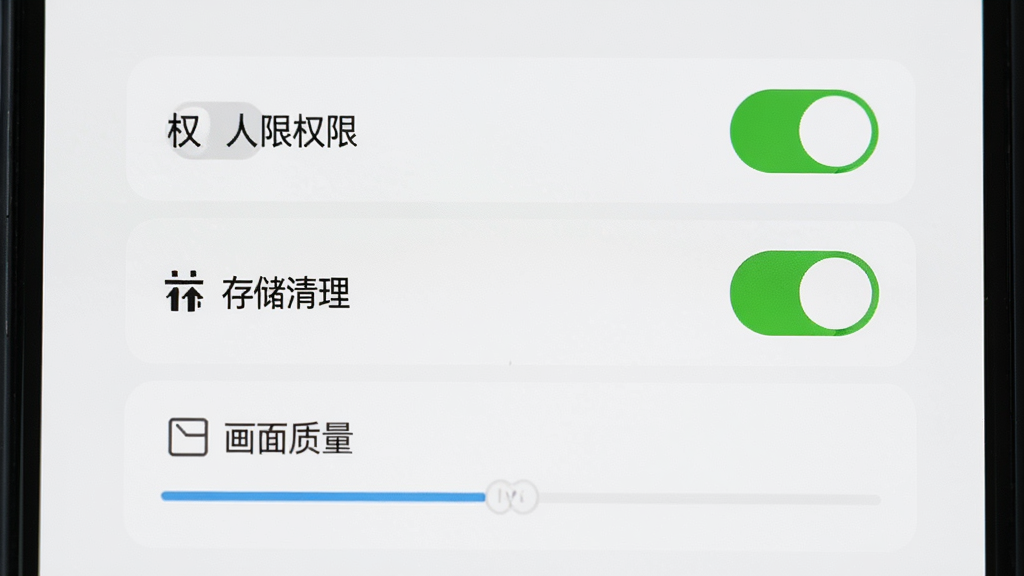 手机屏幕显示双人小游戏设置界面,包含权限开关、存储清理、画面质量调节等选项,界面风格简洁清晰,背景为白色,细节包括开关按钮的绿色状态和文字标签,画质干净无多余元素