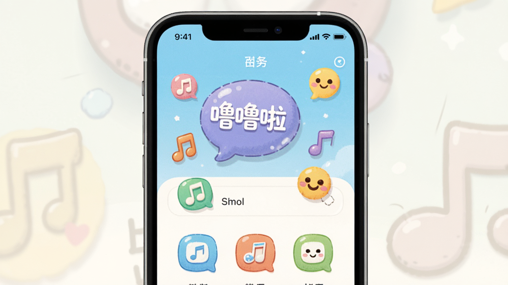 主体为一部智能手机屏幕显示噜噜啦啦软件主界面,布局居中,排版简洁,风格为清新活泼的卡通插画风,细节包含彩色气泡图标、音符元素和笑脸表情,画质高清,画面干净,无多余元素