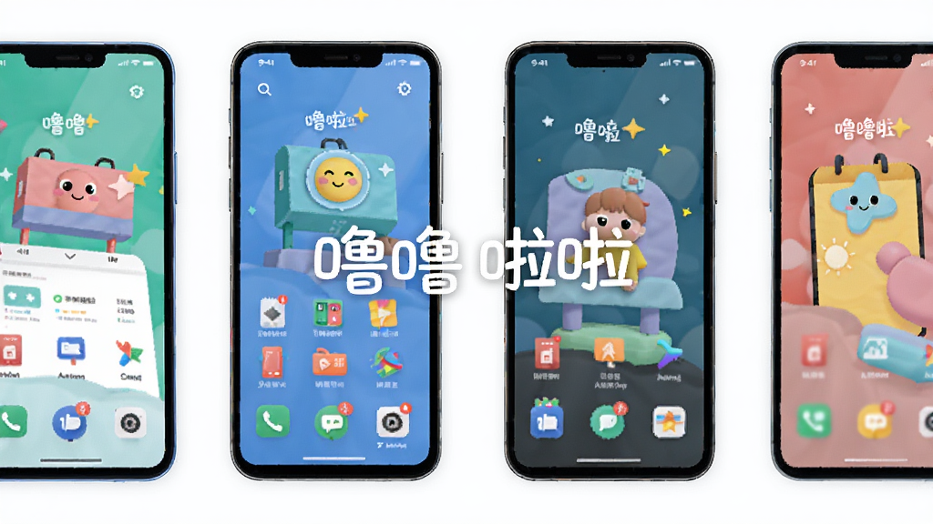 主体为多部手机并排展示噜噜啦啦不同主题界面,布局为横向排列排版,风格为扁平化设计风,细节包含不同色彩主题的界面缩略图、图标和装饰元素,画面中打文字