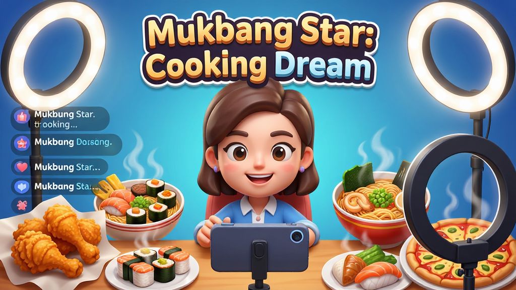 一款以美食吃播为主题的手机游戏画面,主体是一位卡通风格的主播坐在摆满各国美食的餐桌前对着手机镜头微笑,布局采用中心构图主播位于画面正中,四周环绕着炸鸡、寿司、拉面、披萨等食物,排版上游戏标题