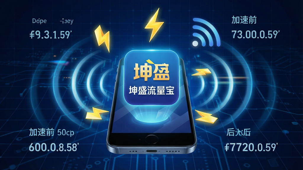 一张表现网络加速概念的图片,画面中央是“坤盛流量宝”的图标悬浮在手机上方,周围有闪电符号和信号波纹向外扩散,背景为深蓝色科技网格,布局采用中心放射状,风格为动感光效,细节包括加速前后的网速对比数字,画质锐利,干净,无多余元素