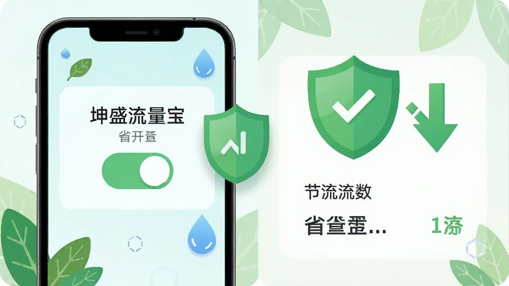 一幅展示省流模式的AI图片,主体为一部手机屏幕显示“坤盛流量宝”的省流开关界面,旁边有一个绿色的盾牌图标和向下减少的流量箭头,布局为左右分栏,左侧是开关面板,右侧是节省流量数据,风格为清新扁平化,细节有树叶和流量水滴元素,画质清晰,干净,无多余元素