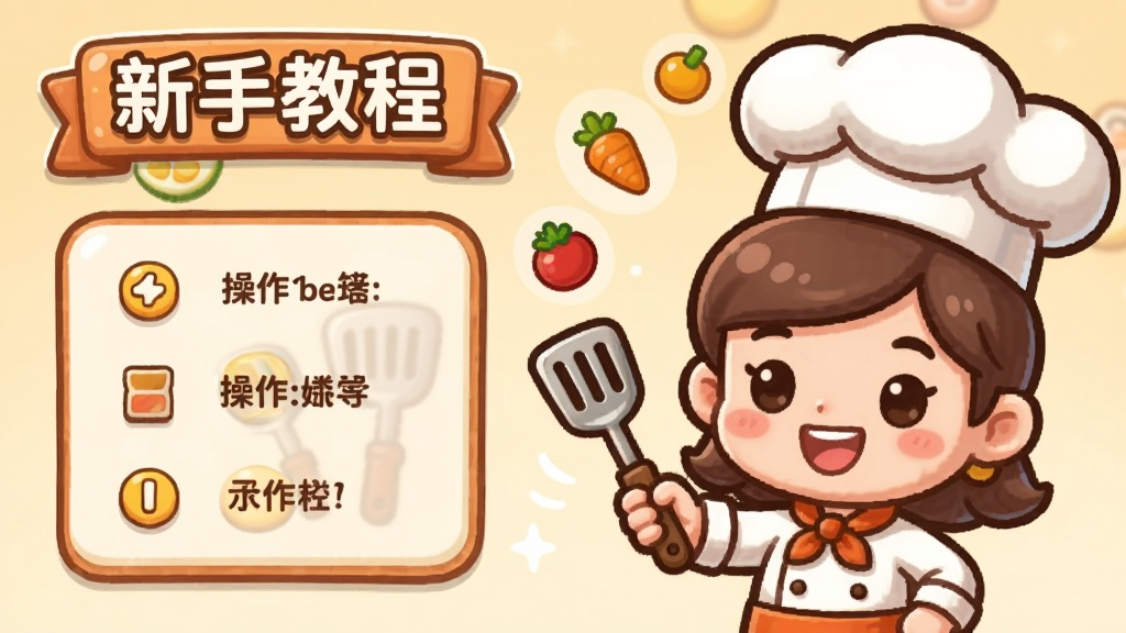 手机游戏Mukbang Star: Cooking Dream新手引导界面插画,主体是一位卡通厨师角色向玩家挥手示意,布局为角色位于画面右侧左侧为操作提示面板,排版上顶部有