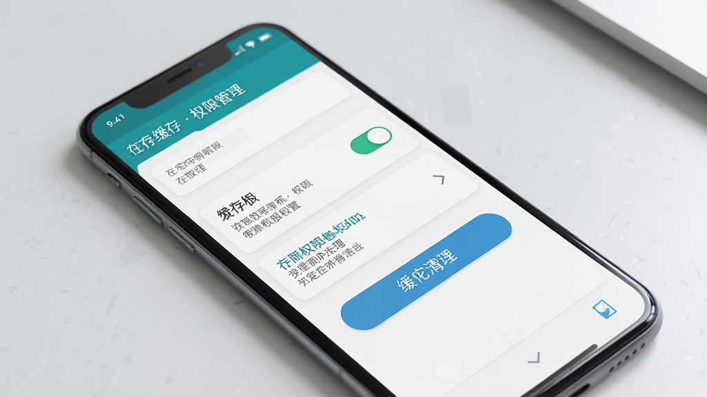 一张展示手机清理缓存和权限设置界面的示意图,主体为手机屏幕显示应用权限管理页面,布局为手机正面平放,背景为浅灰色桌面,风格为简约教程风,细节包括存储权限开关和缓存清理按钮,画质清晰,画面干净,无多余元素
