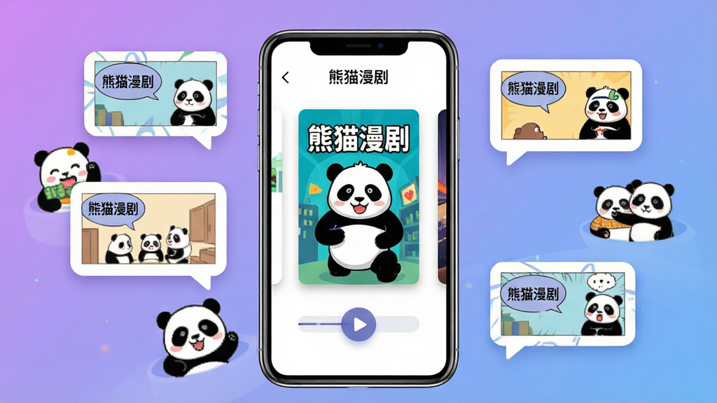 画面中央放置一部智能手机,手机屏幕中显示“熊猫漫剧”APP的播放界面,界面中有竖屏漫画剧集封面和播放按钮,手机周围环绕着多个悬浮的漫画分镜气泡和卡通熊猫形象,背景是柔和的紫蓝色渐变,布局采用居中对称构图,风格为现代扁平化科技风,细节包括手机边框的高光反射、气泡中的对话文字“熊猫漫剧”清晰可见,画质高清干净无多余元素