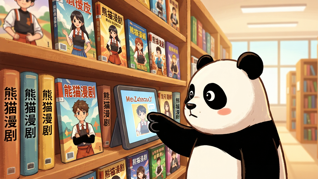 一个巨大的虚拟书架场景,书架每一层都摆放着不同题材的漫画剧集封面,封面风格多样,书架前方站着一只卡通熊猫正在用爪子点击屏幕浏览,背景是明亮的图书馆风格,布局采用纵深透视构图,风格为温暖插画风,细节包括书脊上的“熊猫漫剧”字样、封面色彩丰富、熊猫表情专注,画质高清干净无多余元素