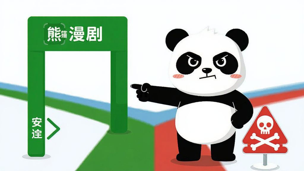 一只卡通熊猫站在岔路口,左边是安全绿色的下载通道,右边是危险红色的警告标志,熊猫手指向绿色通道,背景是简洁的蓝白配色,布局采用左右对比构图,风格为扁平化警示插画,细节包括绿色通道上的“熊猫漫剧”图标、红色通道上的骷髅标志、熊猫表情坚定,画质高清干净无多余元素