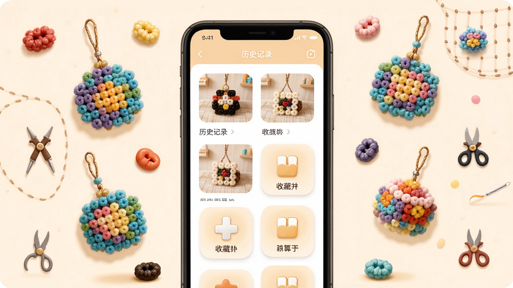 图转拼豆图纸集软件功能总结图,画面主体为一部手机展示软件主界面,界面上排列着历史记录缩略图与收藏夹图标,周围漂浮着拼豆成品小挂件与彩色豆子,布局为手机居中、四周环绕拼豆作品与工具图标,风格为温馨手工风格插画,细节包含软件界面图标清晰、拼豆成品质感真实、色彩丰富柔和,画质高清干净无多余元素。