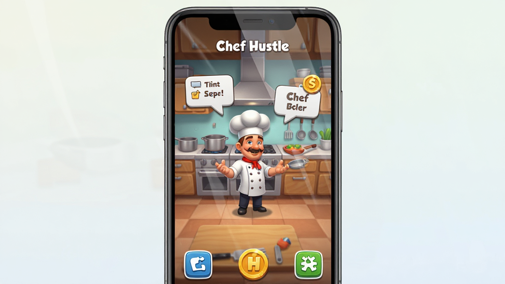 一张展示 Chef Hustle 游戏主界面的手机截图风格图片,主体是一部竖屏智能手机,屏幕上显示 Chef Hustle 游戏画面,画面中包含厨房场景、厨师角色、订单气泡和金币图标,布局为手机居中放置,背景为浅色渐变,风格为卡通写实,细节包括手机边框、屏幕反光、游戏UI按钮,画质为高清,干净,无多余元素。