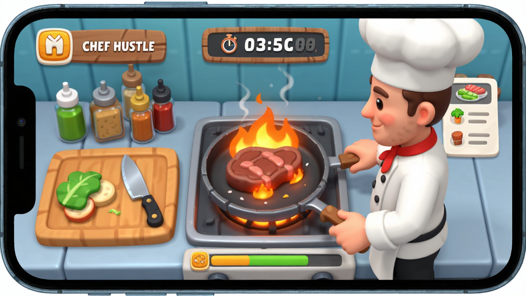 一张展示 Chef Hustle 烹饪操作界面的图片,主体是手机屏幕中的游戏画面,画面中显示厨师正在煎牛排,周围有切菜台、调料瓶、订单倒计时条,布局为手机横屏展示,风格为卡通3D,细节包括火焰特效、食材纹理、UI进度条,画质为高清,干净,无多余元素。