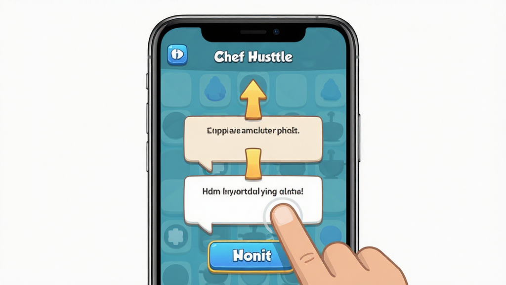 一张展示 Chef Hustle 新手引导界面的图片,主体是手机屏幕中的游戏画面,画面中显示手指点击屏幕的提示、箭头指引、文字说明框,布局为手机竖屏展示,风格为卡通扁平,细节包括高亮按钮、引导箭头、对话框,画质为高清,干净,无多余元素。