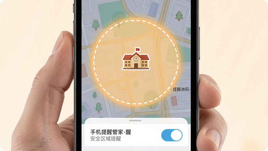 定位手机查找管家安全区域提醒设置界面,手机屏幕显示地图上有一个圆形区域被高亮标注,区域中心有学校图标,区域边缘有虚线轮廓,屏幕下方有提醒设置选项和开关按钮,整体风格温馨安全,配色柔和,画质高清,干净无多余元素