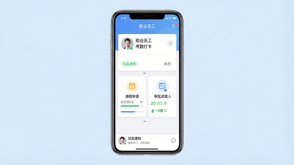 一张横版手机应用界面展示图,画面中央放置一部竖屏智能手机,屏幕内呈现“助业员工”应用首页布局,顶部为考勤打卡卡片,中部为请假申请与审批进度入口,底部为消息通知栏,整体布局清晰整齐,背景为浅蓝色渐变,风格简洁商务,细节包括圆形头像、状态标签、进度条,画质高清,画面干净,无多余元素