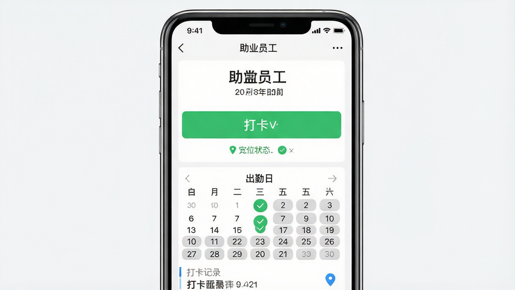 一张手机应用考勤打卡界面展示图,画面主体为竖屏手机,屏幕内显示“助业员工”考勤打卡页面,顶部为当前时间与日期,中部为醒目的打卡按钮与定位状态提示,下方为当月出勤日历与打卡记录列表,布局为上下结构,风格清爽规范,细节包括绿色打卡成功标识、灰色未打卡日期、蓝色定位图标,画质高清,画面干净,无多余元素