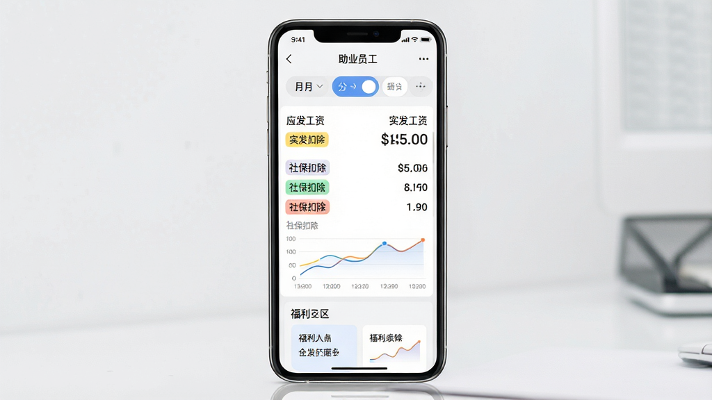 一张手机应用薪资查询界面展示图,画面主体为竖屏手机,屏幕内显示“助业员工”工资条详情页,顶部为月份切换栏,中部为应发工资、实发工资、社保扣除等分项数据列表,底部为福利专区入口卡片,布局为列表式排列,风格干净简洁,细节包括数字金额、彩色分类标签、折线趋势图,画质高清,画面干净,无多余元素