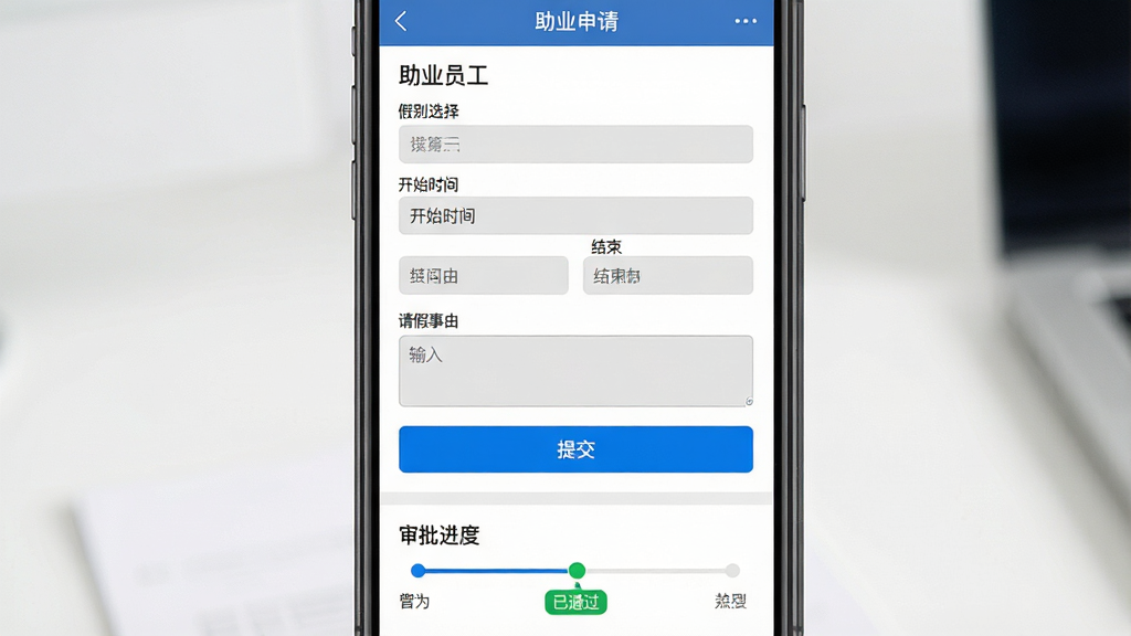一张手机应用请假申请界面展示图,画面主体为竖屏手机,屏幕内呈现“助业员工”请假申请表单,包含假别选择、开始时间、结束时间、请假事由输入框与提交按钮,下方为审批进度时间轴,布局为表单式上下排列,风格简洁办公,细节包括蓝色提交按钮、灰色输入框、绿色已通过节点,画质高清,画面干净,无多余元素