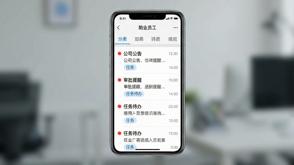 一张手机应用消息通知界面展示图,画面主体为竖屏手机,屏幕内呈现“助业员工”消息中心页面,顶部为分类标签栏,中部为通知列表,包含公司公告、审批提醒、任务待办等条目,布局为上下滚动列表,风格商务简约,细节包括红色未读圆点、灰色时间戳、蓝色任务标签,画质高清,画面干净,无多余元素
