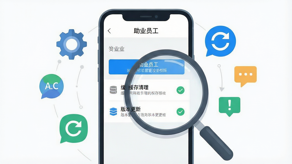 一张手机应用问题排查示意图,画面主体为竖屏手机与放大镜元素组合,屏幕内显示“助业员工”设置页面,包含权限管理、缓存清理、版本更新等选项,周围环绕齿轮、刷新箭头、提示气泡等图标,布局为居中构图,风格扁平化科技感,细节包括蓝色高亮按钮、灰色说明文字、绿色对勾标识,画质高清,画面干净,无多余元素