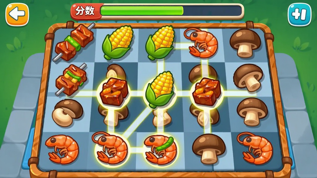 烧烤烹饪游戏对局画面截图风格,屏幕中央显示一个方形棋盘,棋盘内散布着烤肉串、玉米、虾、蘑菇等卡通食材图标,三个相同食材被高亮连线,画面上方有分数进度条,风格为明快卡通,细节清晰,画质干净,无多余元素