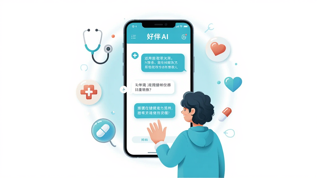画面中央是一部智能手机,屏幕上显示着好伴AI的对话界面,一位用户正对着手机输入健康问题,手机周围环绕着柔和的光晕和医疗健康相关的图标如听诊器、爱心、药丸等。背景是干净的纯白色,布局简洁居中。风格为现代扁平化插画,细节精致,画质清晰,干净无多余元素。