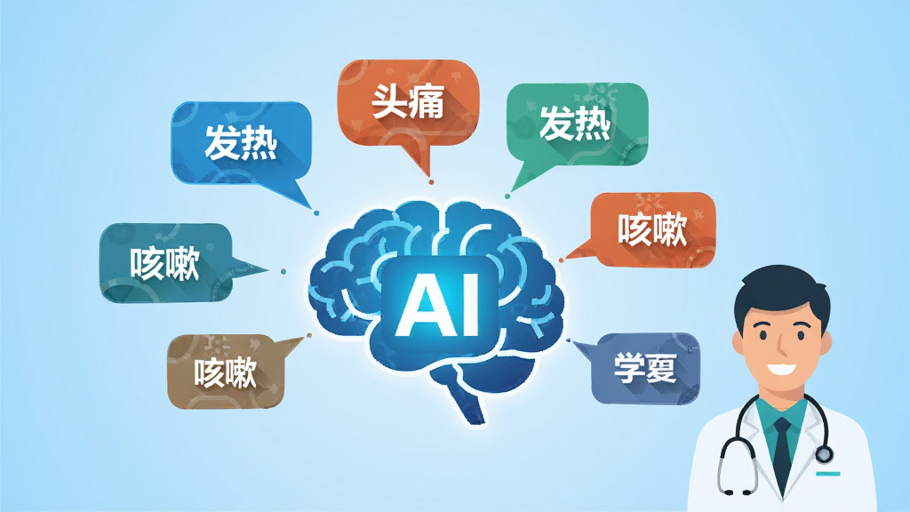 画面主体是一个发光的AI大脑图标,大脑中延伸出多条对话气泡,气泡内写着“头痛”“发热”“咳嗽”等字样,气泡连接到一个微笑的医生形象。背景为浅蓝色渐变,布局左右对称。风格为科技感扁平插画,细节丰富,画质高清,干净无多余元素。