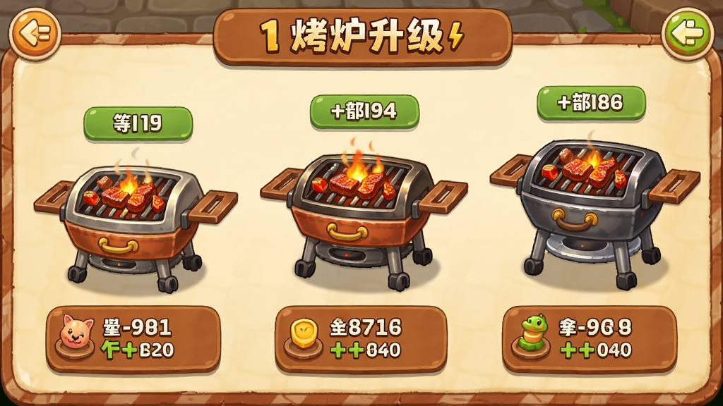 烧烤烹饪游戏中的烤炉升级界面,展示不同等级的卡通烤炉设备排列在屏幕上,每个烤炉旁边标注等级数字和属性加成,界面风格为休闲游戏UI,配色温暖,细节精致,画质清晰,干净无杂乱