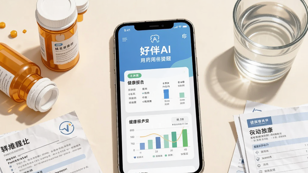 画面中央是一个手机屏幕,屏幕上显示好伴AI的用药提醒界面和健康报告图表,手机旁边散落着药瓶、体检单和一杯温水。背景为温暖的米白色,布局采用俯视视角。风格为写实静物插画,细节精致,画质清晰,干净无多余元素。