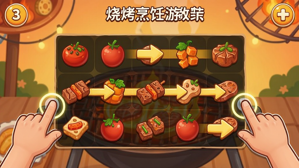 烧烤烹饪游戏新手教学界面,卡通风格的手部图标指示玩家点击屏幕上的食材进行连接消除,画面中有清晰的箭头和步骤编号,背景为温暖的烧烤主题色调,风格为休闲游戏教学画面,细节清晰,画质干净,无多余元素
