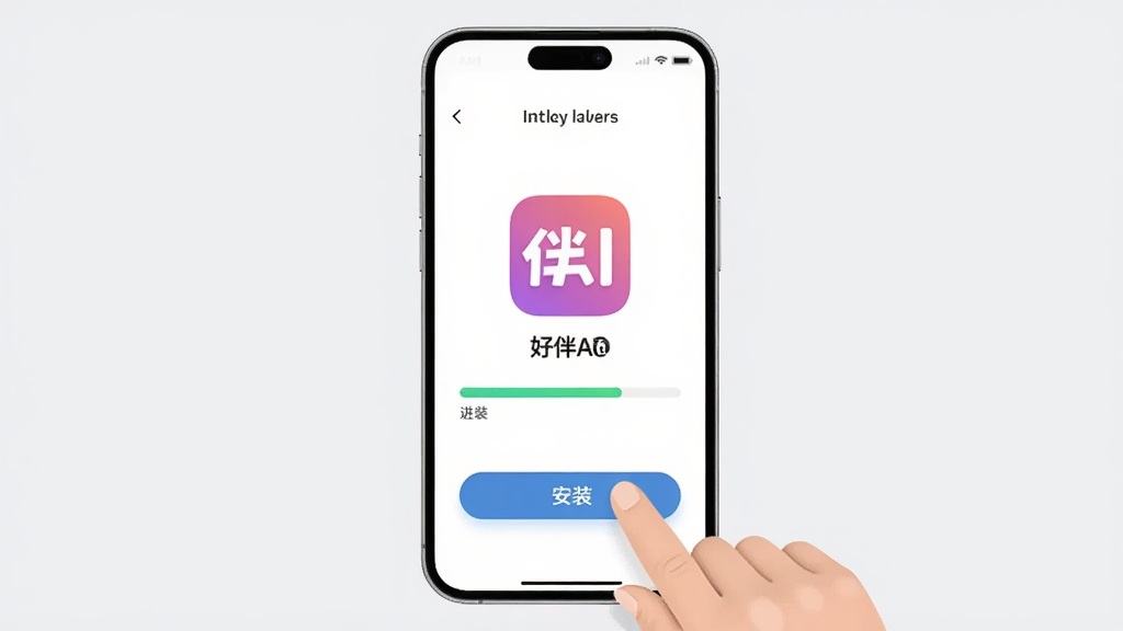 画面展示一部手机正在安装好伴AI应用,屏幕上显示安装进度条和好伴AI的图标,旁边有一只手正在点击“安装”按钮。背景为清爽的浅灰色,布局居中。风格为简洁UI插画,细节清晰,画质干净,无多余元素。