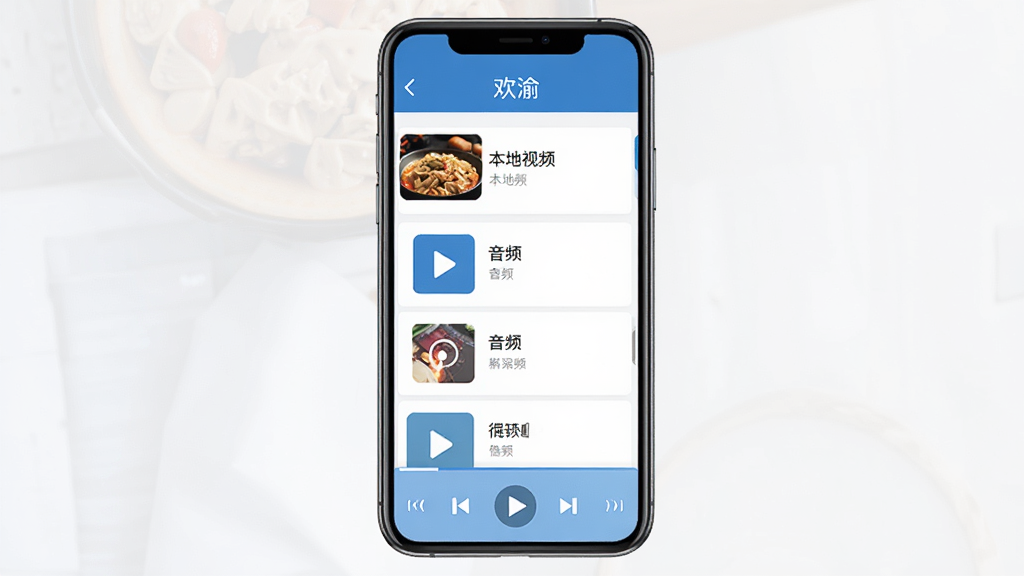 欢渝应用主界面展示,手机屏幕居中,界面顶部显示“欢渝”应用名称,下方排列本地视频、音频文件列表,底部有播放控制栏,整体布局简洁,扁平化设计风格,蓝白配色,细节清晰,画质高清,干净无多余元素