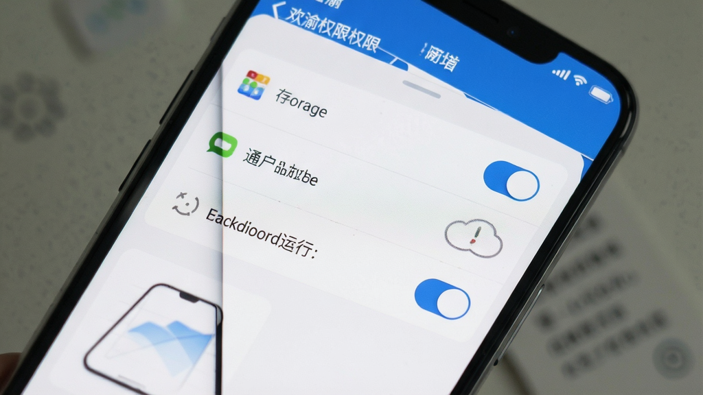 欢渝安装权限设置界面,手机屏幕展示应用权限管理页面,包含存储、通知、后台运行等开关,界面风格简洁,蓝白配色,布局清晰,细节丰富,画质高清,干净无多余元素