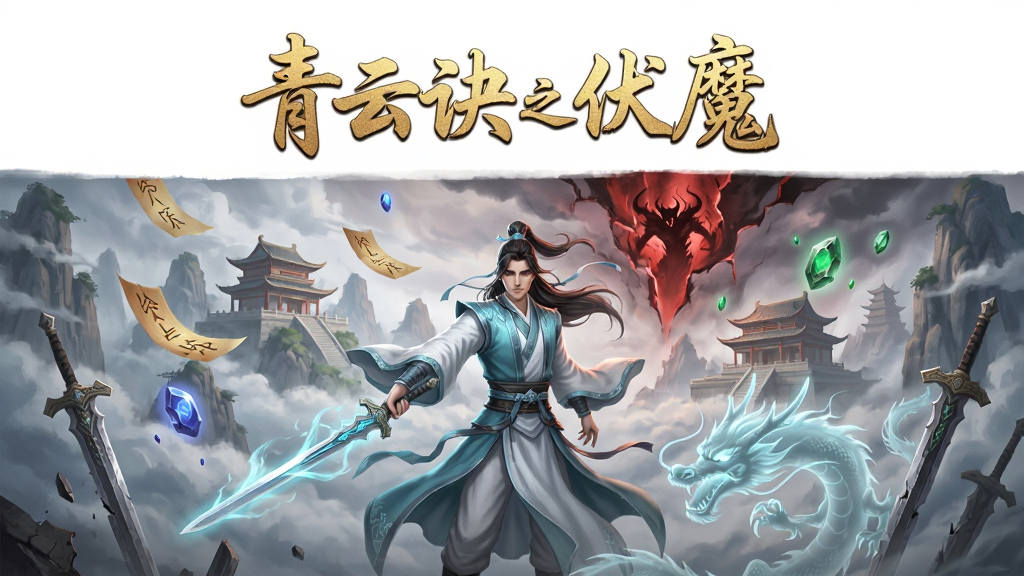 青云诀之伏魔仙侠手游主视觉图,画面中央一位身着青白色仙袍的剑客手持发光长剑,背后是云雾缭绕的仙山楼阁,远处有魔气冲天的暗红色裂隙,近景有龙魂虚影盘旋,布局采用竖版手机游戏海报构图,主体人物居中偏下,上方留白处用金色书法字体写