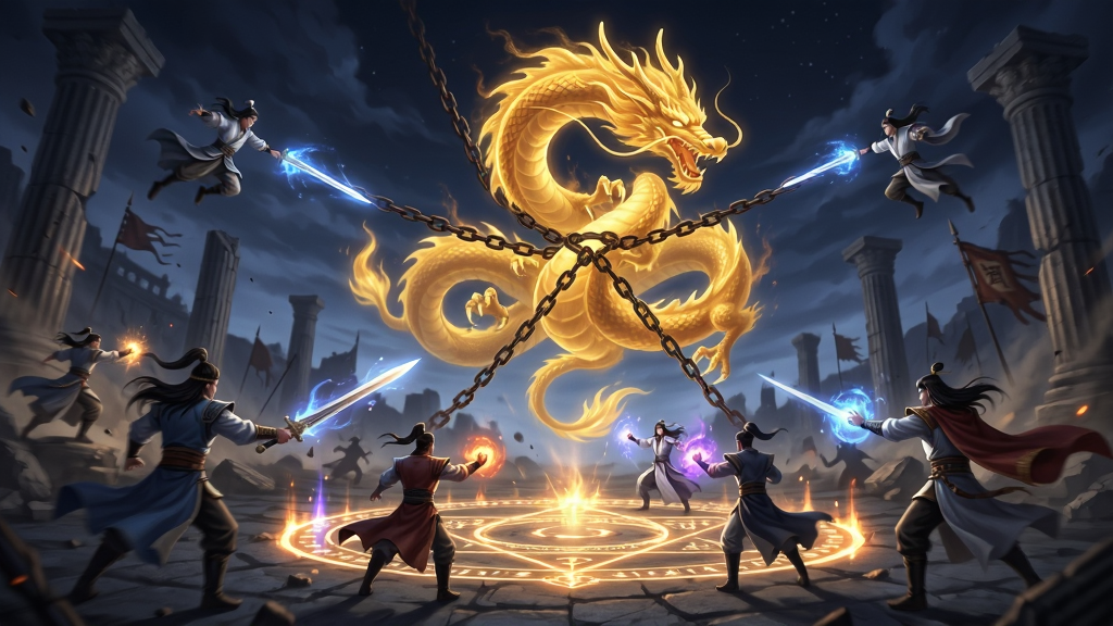 青云诀之伏魔龙魂争夺战场景插画,画面中央一条金色龙魂被锁链束缚悬浮在半空,周围有多名仙侠角色施展法术争夺,地面有法阵光效,背景是夜色下的古战场废墟,布局采用广角战场构图,龙魂居中偏上,角色分布四周,风格为热血仙侠战斗插画,细节包含剑气光影、龙魂火焰、破碎的石柱,画质高清,干净,无多余元素