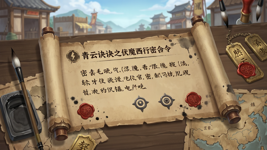 青云诀之伏魔西行密令任务界面风格插画,画面展示一张展开的羊皮卷轴,上面写有密令文字与目标图标,卷轴周围有毛笔、砚台、令牌等道具,背景是古代驿站场景,布局采用桌面平铺构图,卷轴居中,道具环绕四周,风格为古风任务界面插画,细节包含墨迹晕染、火漆印章、地图碎片,画质高清,干净,无多余元素