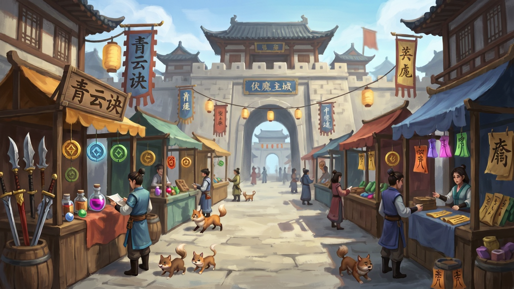 青云诀之伏魔主城摆摊区域场景插画,画面展示古代仙侠主城街道两侧排列着各式摊位,摊位上有武器、丹药、符等商品,玩家角色在摊位间穿梭交易,背景是宏伟的城门与灯笼,布局采用街道透视构图,摊位沿街分布,风格为繁华市井国风插画,细节包含叫卖招牌、货币符号、宠物跟随,画质高清,干净,无多余元素
