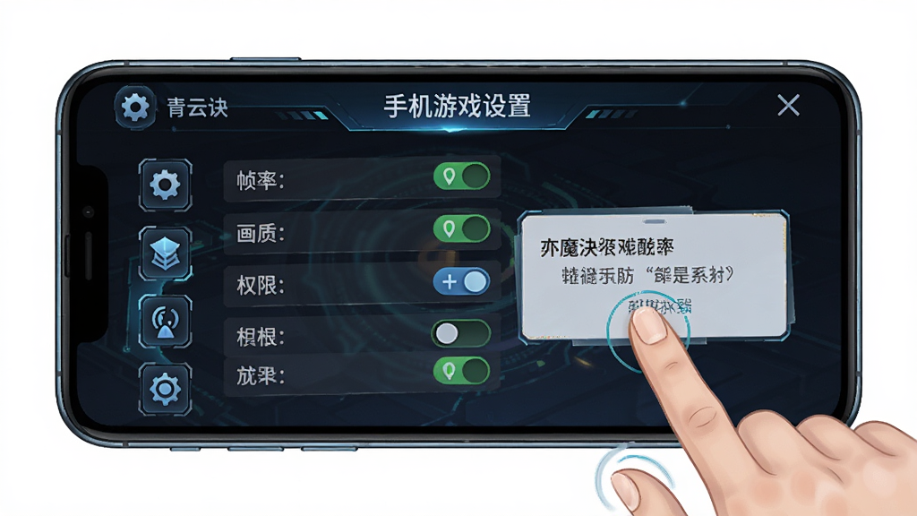 青云诀之伏魔手机游戏运行设置界面示意图,画面展示一部智能手机屏幕显示游戏设置菜单,包含帧率、画质、权限开关等选项,旁边有手指点击操作的示意,布局采用手机界面特写构图,屏幕居中,风格为科技感UI展示插画,细节包含设置图标、开关按钮、权限提示弹窗,画质高清,干净,无多余元素