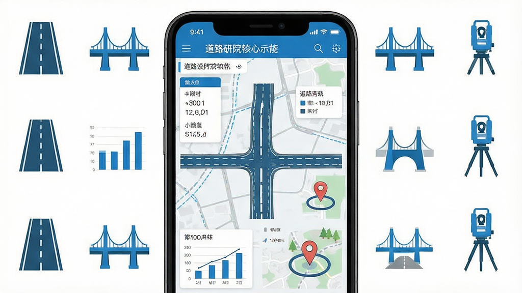 一张展示道路研究院软件核心功能的综合示意图,画面主体是一部智能手机屏幕,屏幕上显示道路设计软件界面,包含道路线条、测量数据、地图标注等元素,布局为手机居中放置,周围环绕道路、桥梁、测量仪器等小图标,排版简洁清晰,风格为现代科技感扁平化设计,细节包括蓝色主色调、白色背景、数据图表与地图纹理,画质高清、干净、无多余元素