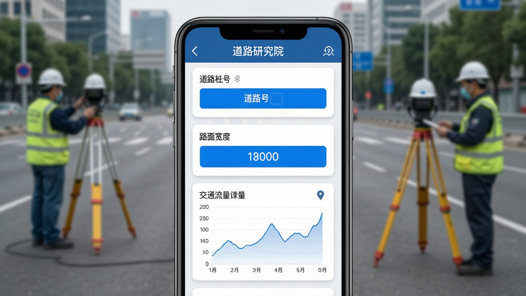 一部智能手机显示道路研究院软件的数据采集界面,屏幕中有道路桩号输入框、路面宽度数值、交通流量图表,背景是城市道路与测量人员,布局为手机特写居中,风格为写实科技风,细节包括蓝色高亮按钮、白色卡片式布局、地图定位图标,画质高清、干净、无多余元素