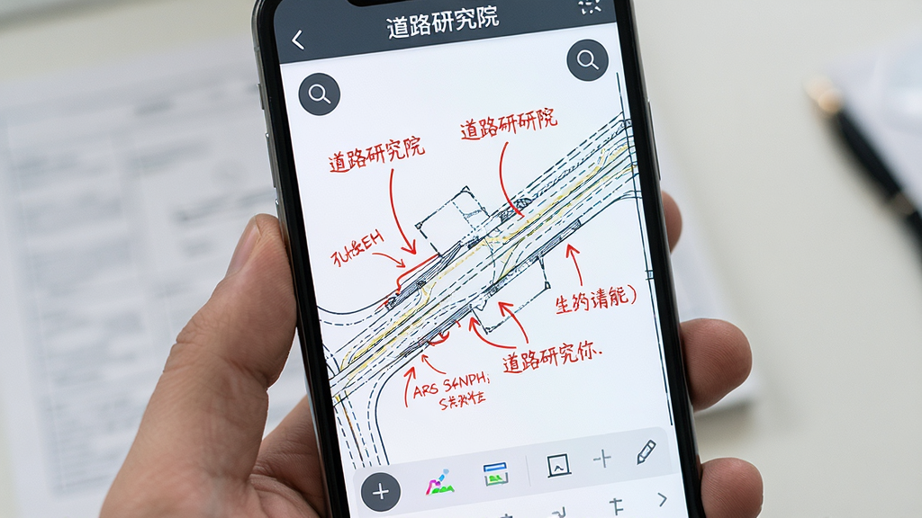 手机屏幕显示道路研究院的图纸查看界面,画面中有道路工程平面图纸,图纸上有红色批注箭头和文字标记,布局为手机竖屏特写,风格为工程图纸查看场景,细节包括放大缩小按钮、批注工具栏、图纸线条清晰,画质高清、干净、无多余元素