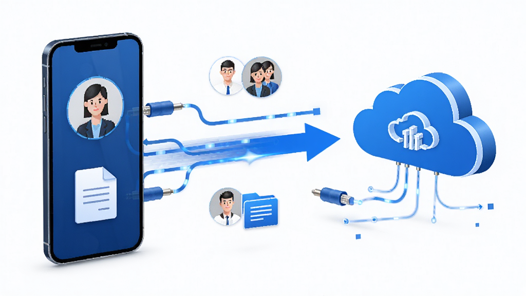 道路研究院软件的数据同步与团队协作示意图,画面主体为手机与云端服务器之间的数据流动,布局为手机在左、云图标在右,中间有数据传输箭头,风格为简洁商务科技风,细节包括蓝色数据线、团队人员头像、文件图标,画质高清、干净、无多余元素