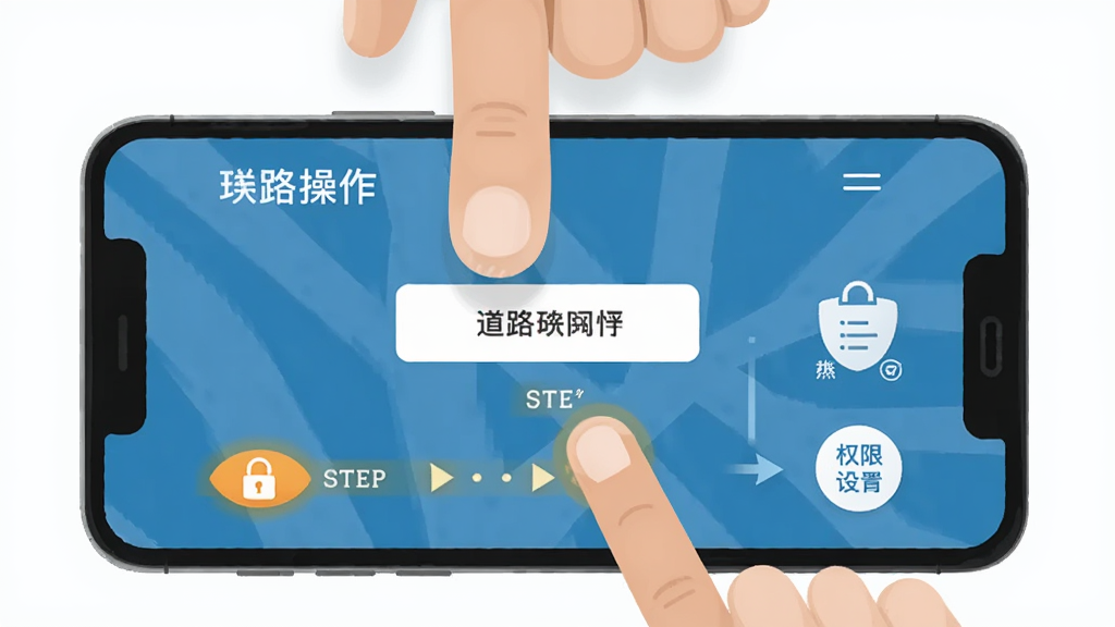 道路研究院移动端使用攻略示意图,画面主体为一部手机显示软件操作界面,旁边有手指点击屏幕的示意,布局为手机居中、手指在屏幕上方,风格为扁平化教程风格,细节包括高亮按钮、操作步骤箭头、权限设置图标,画质高清、干净、无多余元素