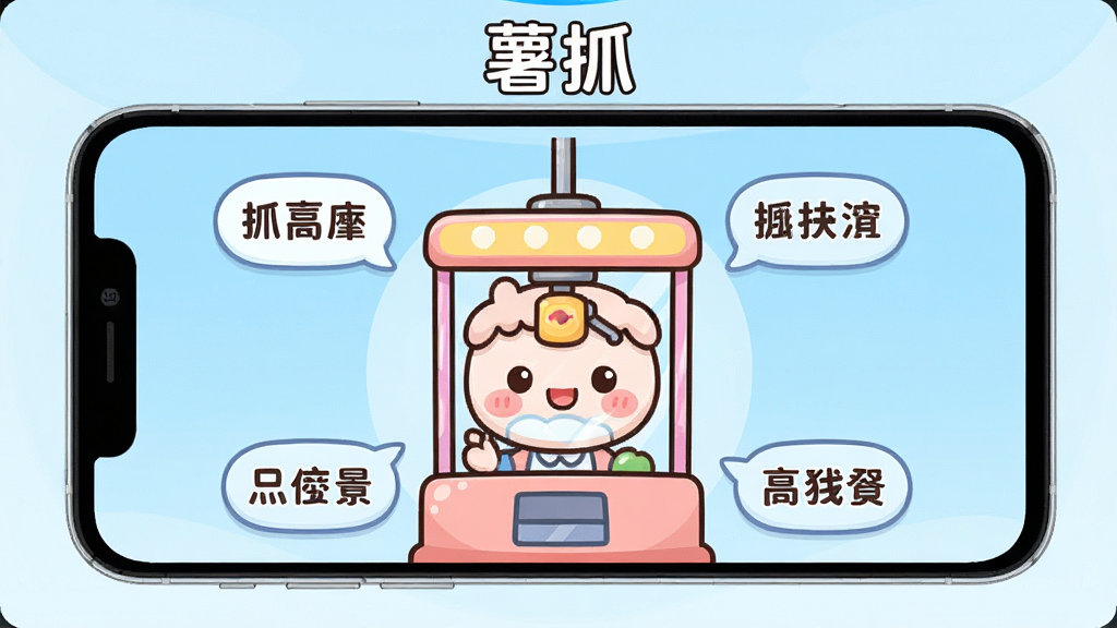 一张手机屏幕展示抓娃娃辅助软件界面的图片,画面中央是可爱的娃娃机图案,周围环绕抓取技巧文字气泡,背景为浅蓝色渐变,风格清新卡通,画质清晰干净,屏幕上方写有