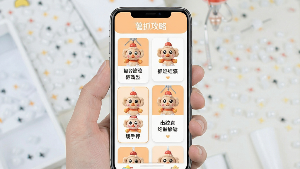 一张展示抓娃娃攻略列表的手机应用界面截图风格图片,画面中有多个攻略卡片整齐排列,卡片上带有娃娃图案和文字标签,整体色调为浅橙色与白色搭配,风格简洁明快,屏幕顶部写有