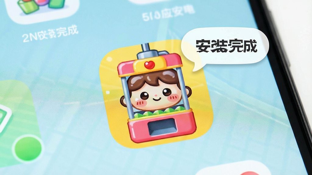 一张手机屏幕展示薯抓应用安装完成后的桌面图标图片,图标为可爱的娃娃机造型,背景为浅色手机桌面,周围有