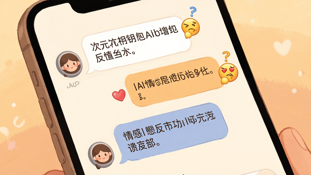 一张展示次元钥匙AI情感反馈功能的示意图,画面主体为手机屏幕,屏幕中显示着用户与AI角色的对话气泡,气泡旁带有爱心与思考的表情符号,布局为手机特写,排版简洁,风格为温暖治愈系插画风,细节包含对话文字清晰、表情符号生动、背景为柔和暖色调,画质高清,干净,无多余元素