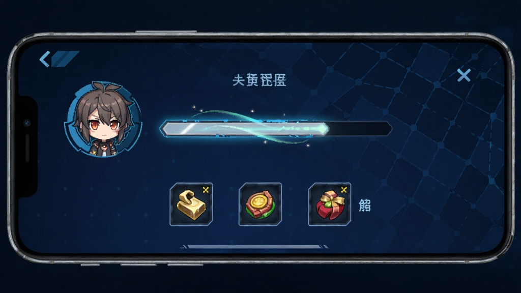 一张展示次元钥匙角色养成界面的图片,画面主体为手机屏幕,屏幕内显示着角色亲密度进度条与解锁的奖励图标,布局为手机居中,排版清晰,风格为轻科幻UI风格,细节包含进度条光效、角色Q版形象、背景为深蓝色科技感网格,画质高清,干净,无多余元素