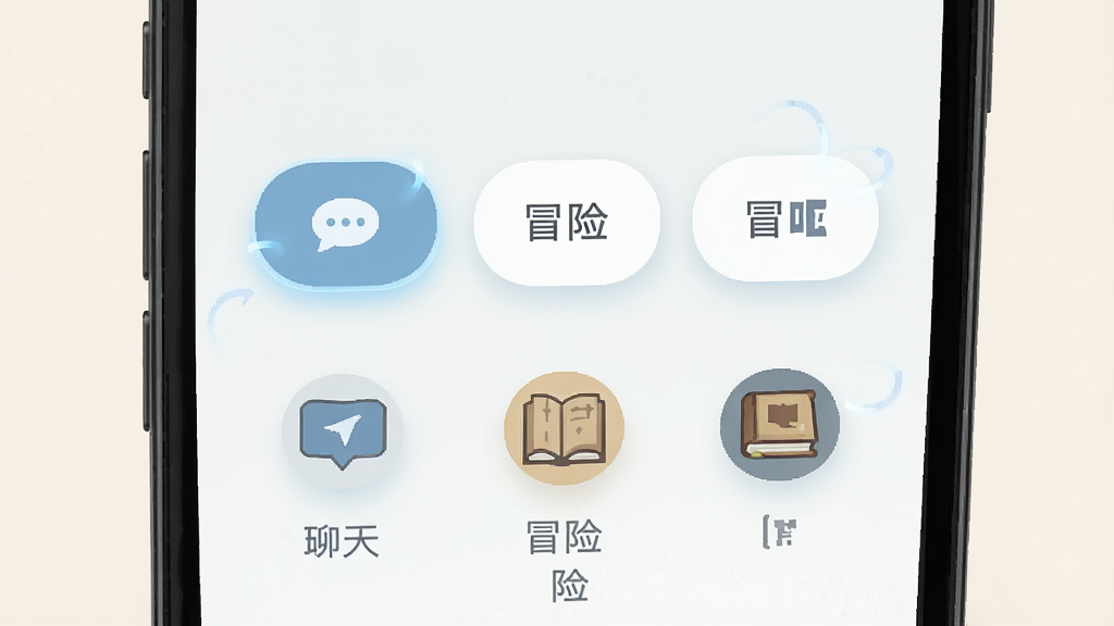 一张展示次元钥匙多场景模式切换的界面图,画面主体为手机屏幕,屏幕内显示着三个模式切换按钮,按钮下方分别对应着聊天、冒险、书本的图标,布局为手机特写,排版直观,风格为简约扁平化设计,细节包含按钮带有微交互光效、背景为淡雅纯色,画质高清,干净,无多余元素