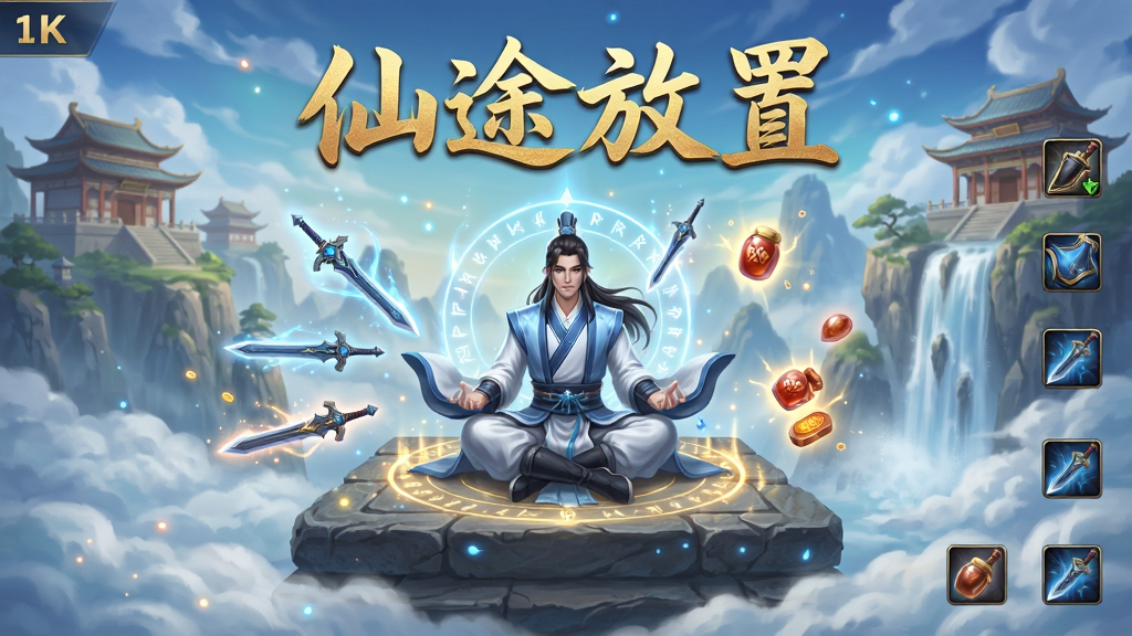 画面中央放置一款名为仙途放置的手机游戏主界面截图风格插画,主体为一位身着青白色道袍的修仙者盘坐于云海之上的仙山石台,周围环绕悬浮的灵剑与丹药光效,背景远处有层叠的宫殿与飞瀑,布局采用居中对称构图,上方留白区域用金色毛笔字体书写“仙途放置”四字,排版清晰醒目,风格为东方玄幻数字绘画,细节包括灵气粒子、符文光阵、装备图标环绕,画质为4K高清,干净明亮,无多余杂乱元素